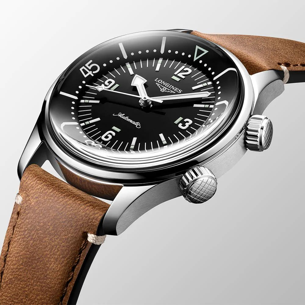 LONGINES L37644500 Legend Diver 39mm Black Dial Brown Leather Strap Men's Watch
