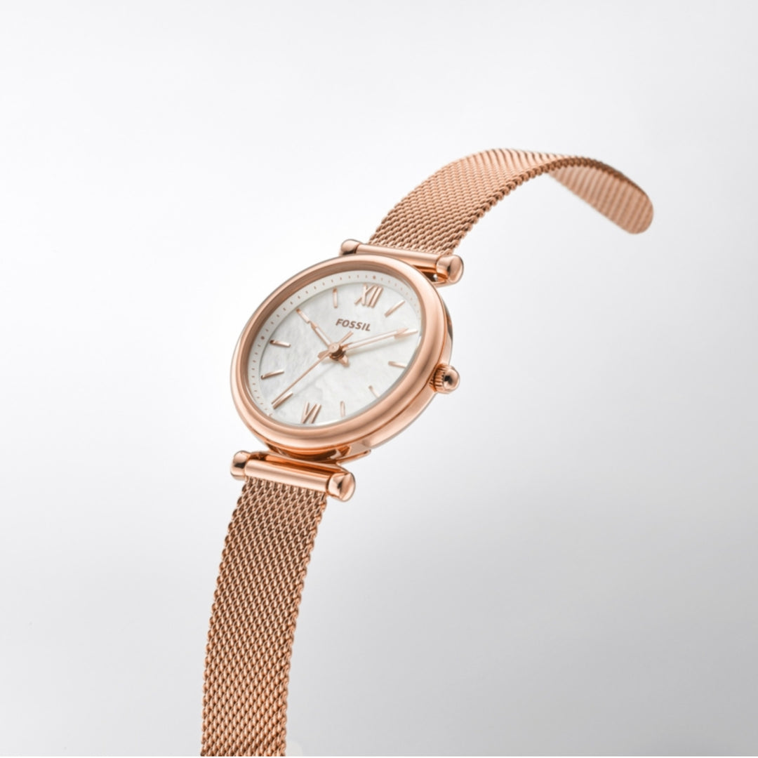 Fossil Carlie ES4433 Mother-of-Pearl Dial Rose Gold Mesh Bracelet Women's Watch