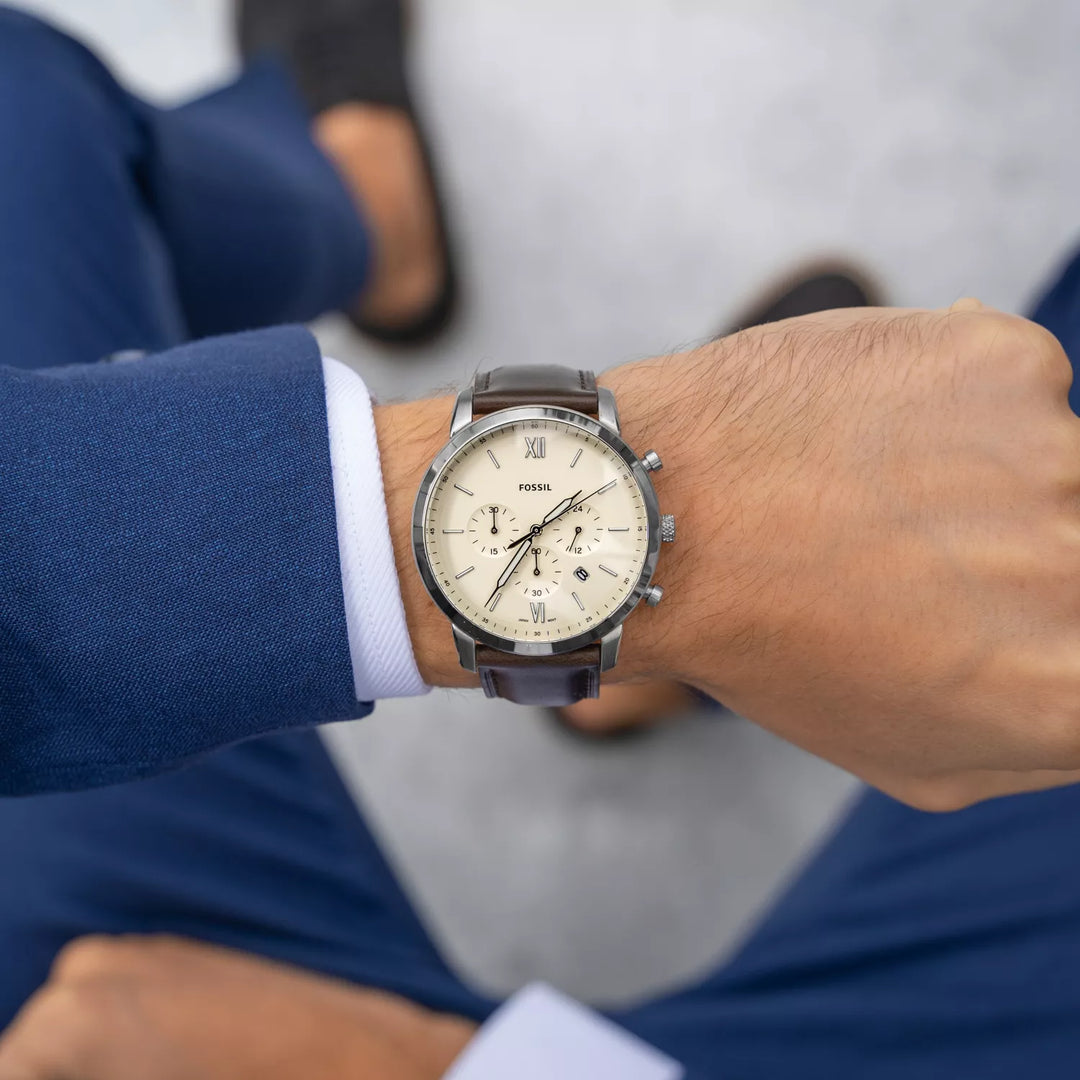 Fossil FS5380 Neutra Cream Chronograph Dial Brown Leather Strap Men's Watch