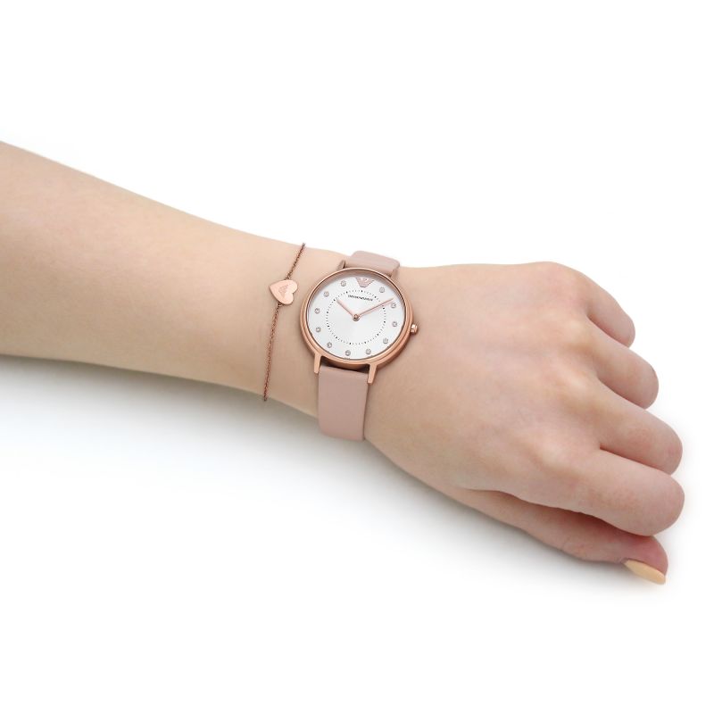 Emporio Armani AR80058 Giftset Pink Leather Strap Rose Gold Tone Bracelet Women's Watch