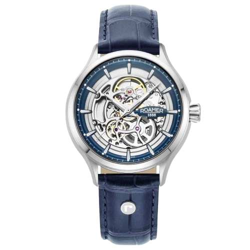 Roamer 101984 41 45 05 Competence Skeleton IV 43mm Silver Skeleton Dial Blue Leather Strap Men's Watch