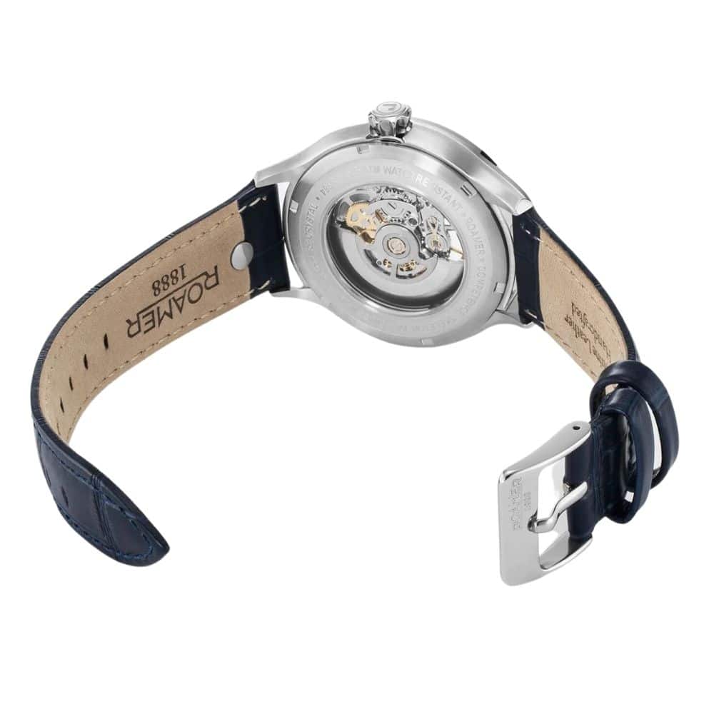 Roamer 101984 41 45 05 Competence Skeleton IV 43mm Silver Skeleton Dial Blue Leather Strap Men's Watch