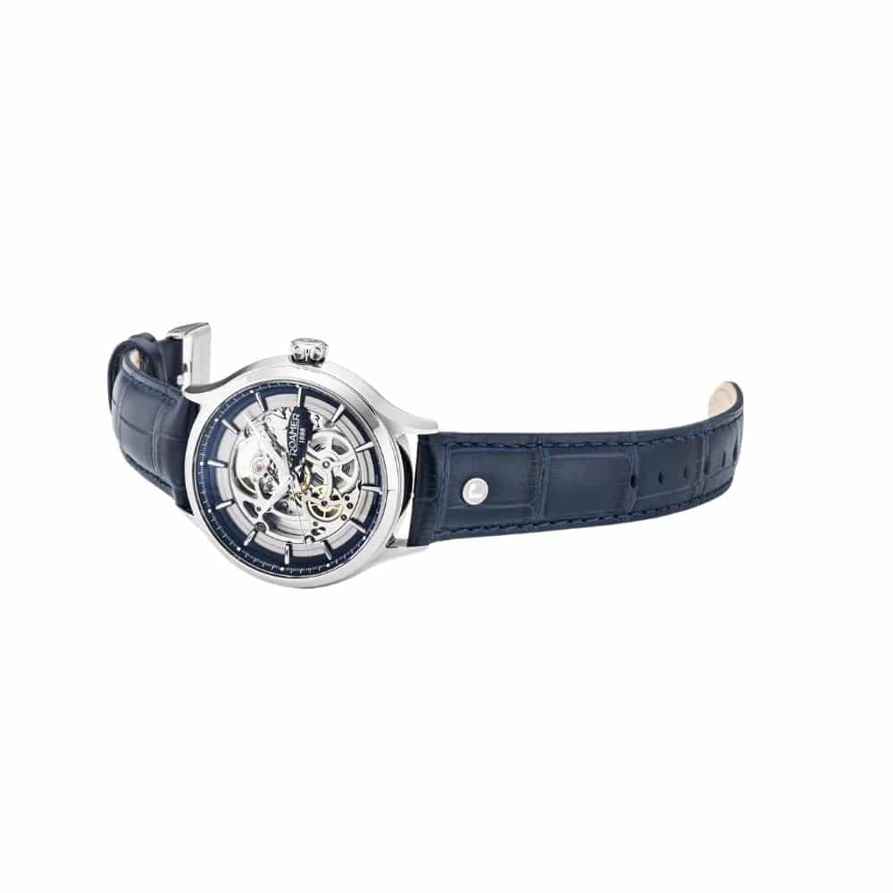 Roamer 101984 41 45 05 Competence Skeleton IV 43mm Silver Skeleton Dial Blue Leather Strap Men's Watch