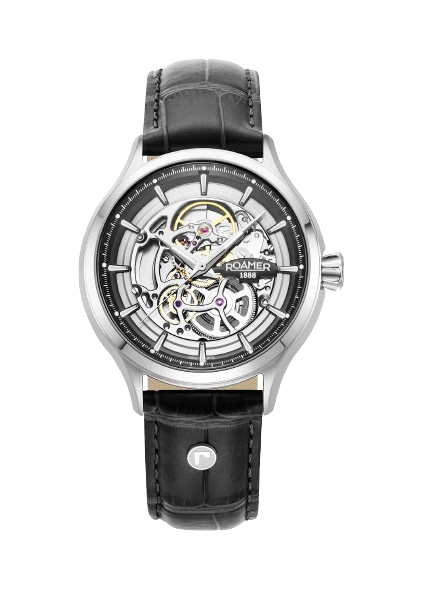Roamer 101984 41 85 05 Competence Skeleton IV 43mm Silver Skeleton Dial Black Leather Strap Men's Watch