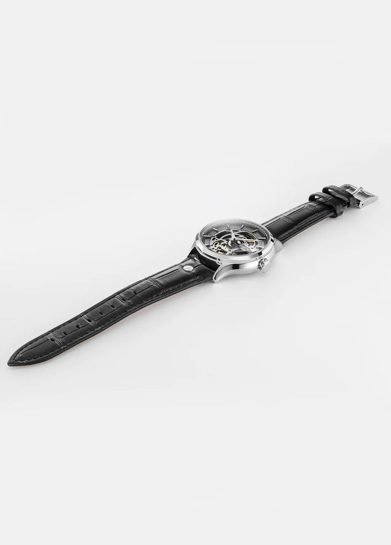 Roamer 101984 41 85 05 Competence Skeleton IV 43mm Silver Skeleton Dial Black Leather Strap Men's Watch