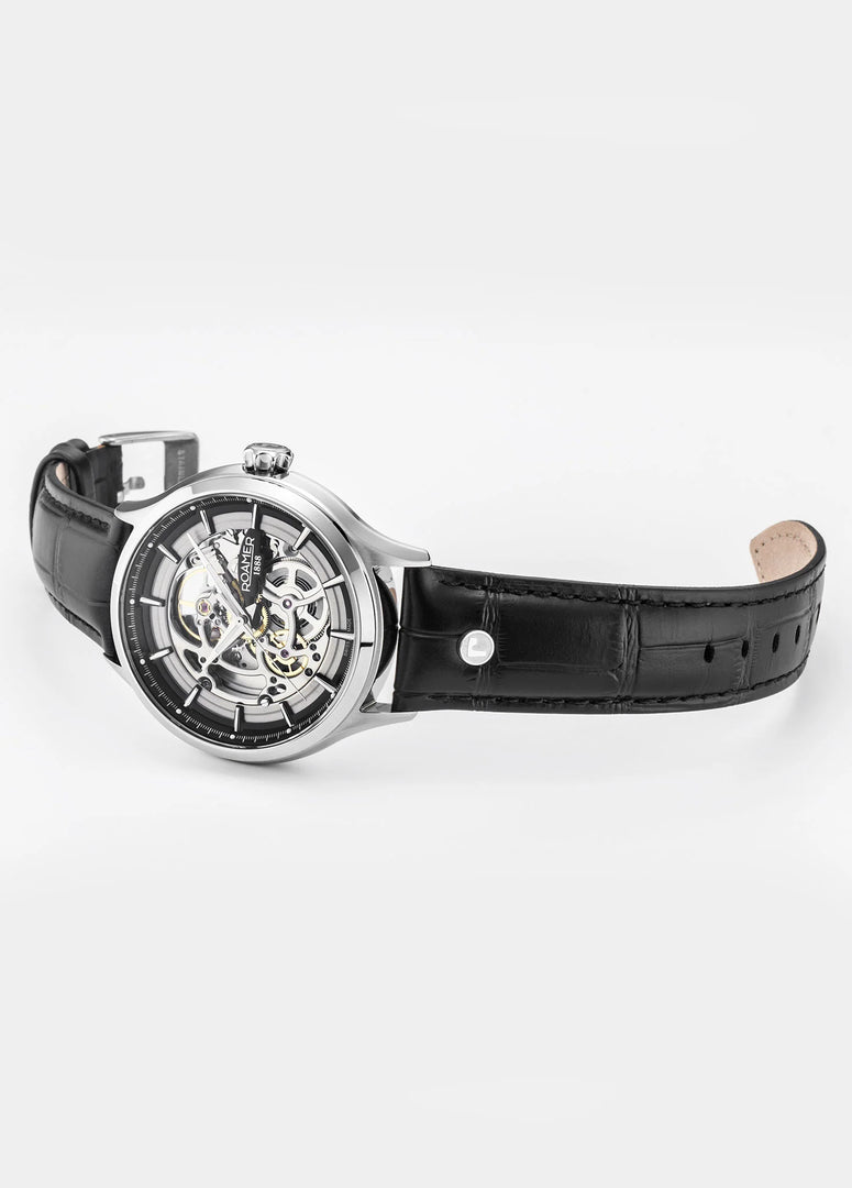 Roamer 101984 41 85 05 Competence Skeleton IV 43mm Silver Skeleton Dial Black Leather Strap Men's Watch