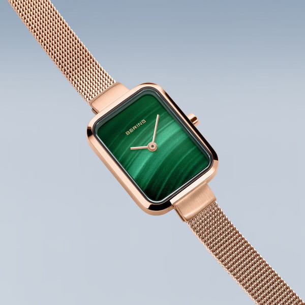 Bering 14520-368 Classic Petite Square Malachite Dial Rose Gold PVD Mesh Women’s Watch