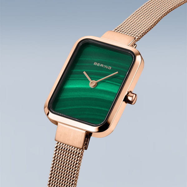 Bering 14520-368 Classic Petite Square Malachite Dial Rose Gold PVD Mesh Women’s Watch