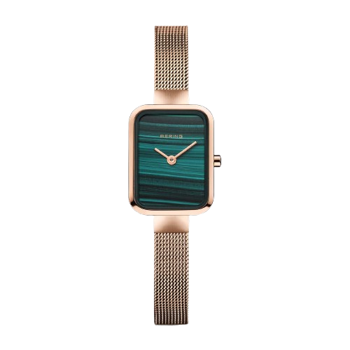 Bering 14520-368 Classic Petite Square Malachite Dial Rose Gold PVD Mesh Women’s Watch