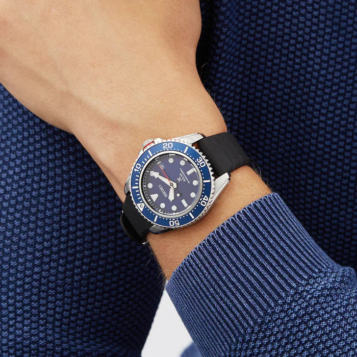 Seiko SNE593P1 Prospex 42.8mm Solar Sapphire Blue Dial Black Silicone Strap Men's Watch