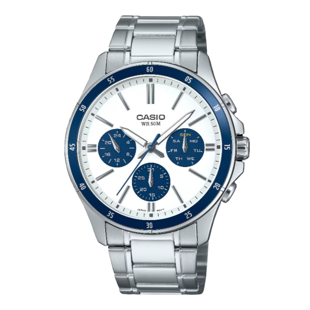 Casio MTP Series Analogue MTP-1374D-7A2VDF Quartz Multi-function (43.5mm) White Sunray Dial / Stainless Steel Bracelet