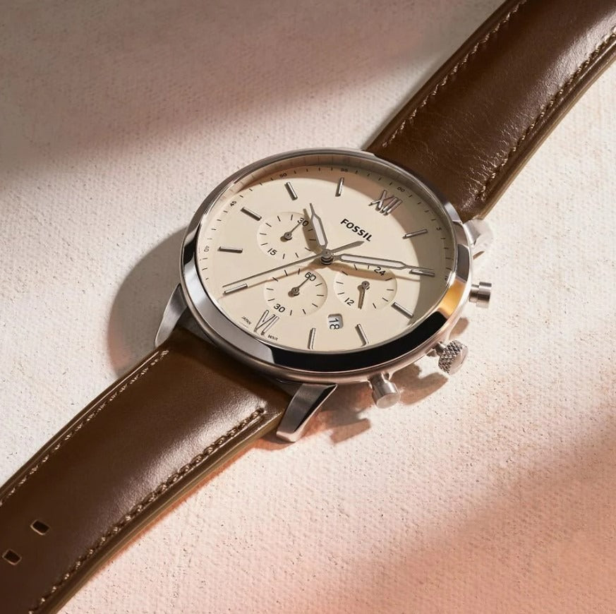 Fossil FS5380 Neutra Cream Chronograph Dial Brown Leather Strap Men's Watch