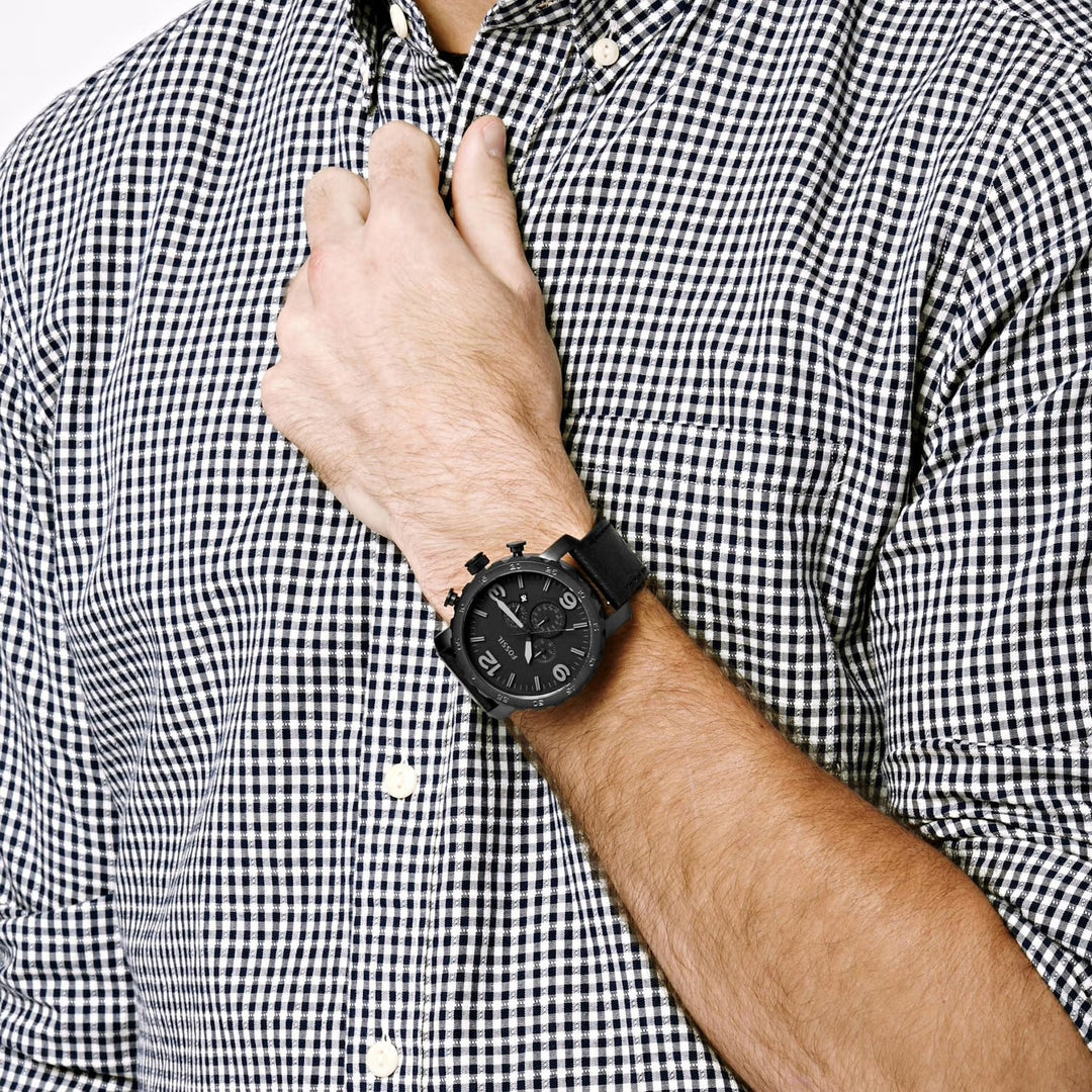 Fossil JR1354 Full Black Nate Chronograph Leather Strap Men's Watch