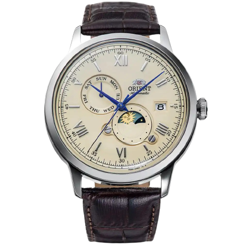 ORIENT RA-AK0803Y Bambino Sun and Moon Classic 41.5mm Leather Strap Men's Watch