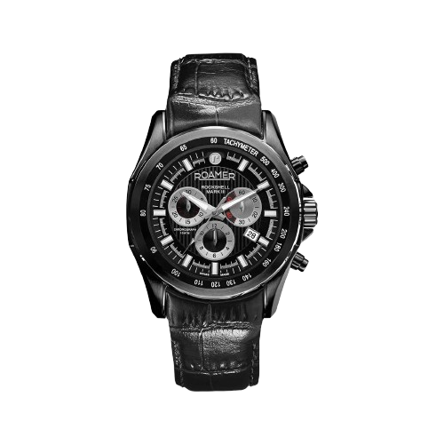 Roamer 220837 42 55 02 Rockshell Mark III Chrono Black Dial Black Leather Strap Men's Watch