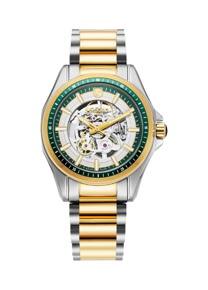 Roamer 220984 48 75 20 Rockshell MK III Skeleton 44mm Green Skeleton Dial Two Tone PVD Stainless Steel Bracelet Men's Watch