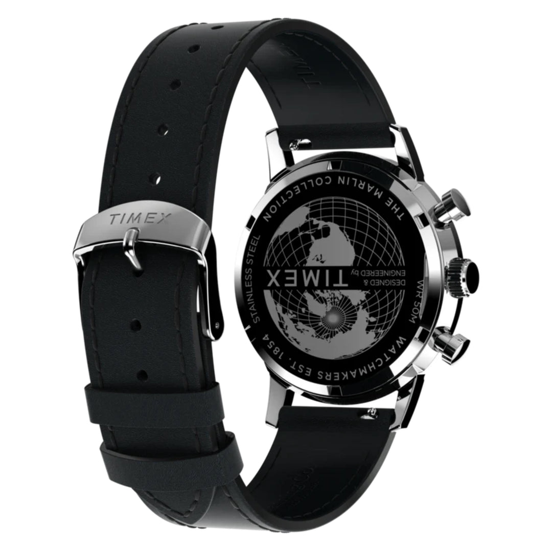 Timex Marlin Chronograph ‘Panda Dial’ TW2W10300 Tachymeter (40mm) Silver Dial / Black Leather Strap Men’s Watch
