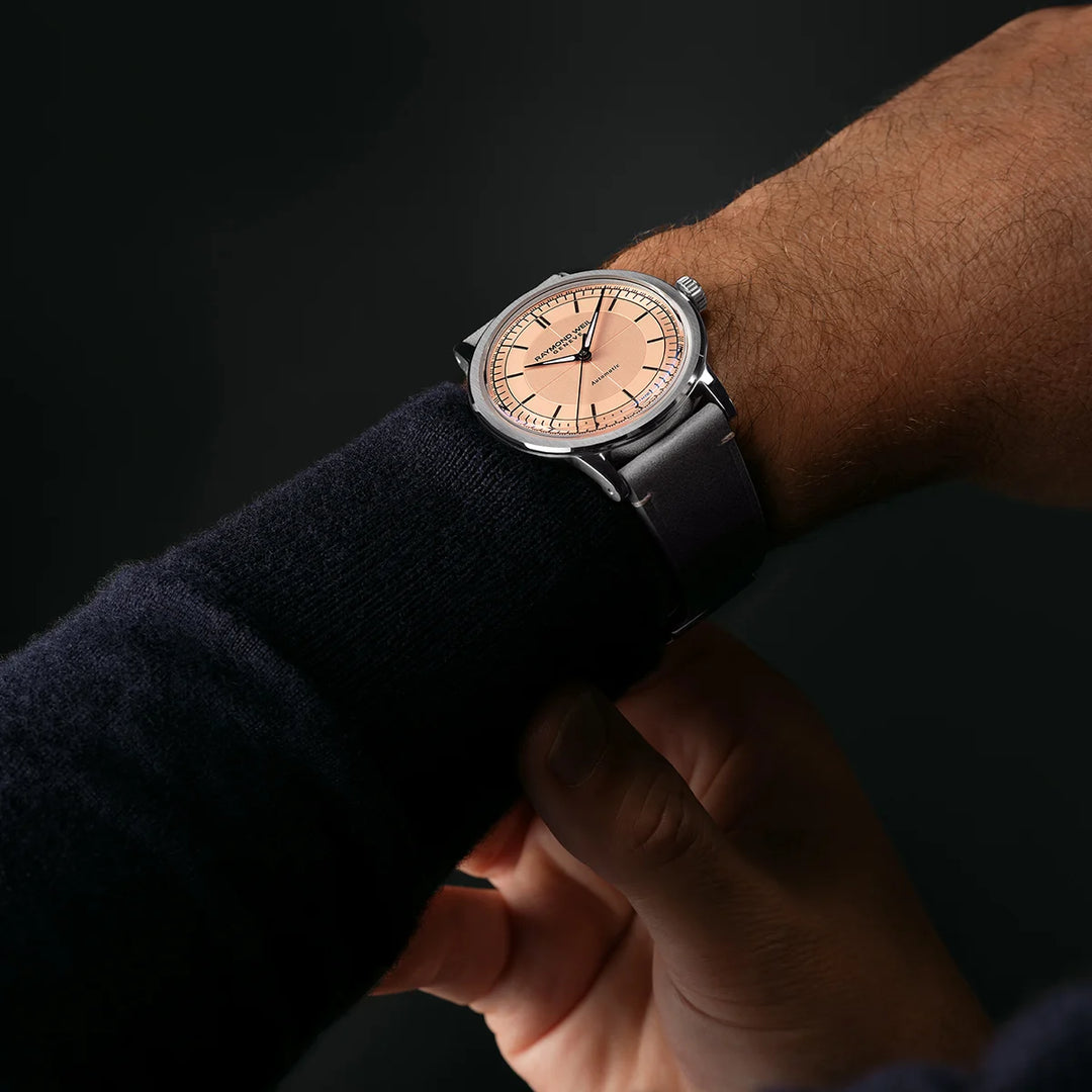 Raymond Weil 2925-STC-80001 Millesime Automatic 39.5mm Salmon Pink Dial Grey Calf Leather Strap Men’s Watch
