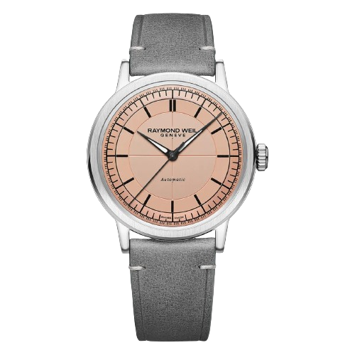 Raymond Weil 2925-STC-80001 Millesime Automatic 39.5mm Salmon Pink Dial Grey Calf Leather Strap Men’s Watch