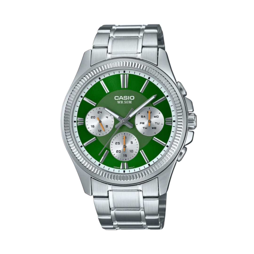Casio MTP Series Analogue MTP-1375D-3AV Quartz Multi-function (38.5mm) Forest Green Sunray Dial / Stainless Steel Bracelet