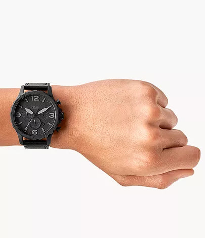 Fossil JR1354 Full Black Nate Chronograph Leather Strap Men's Watch