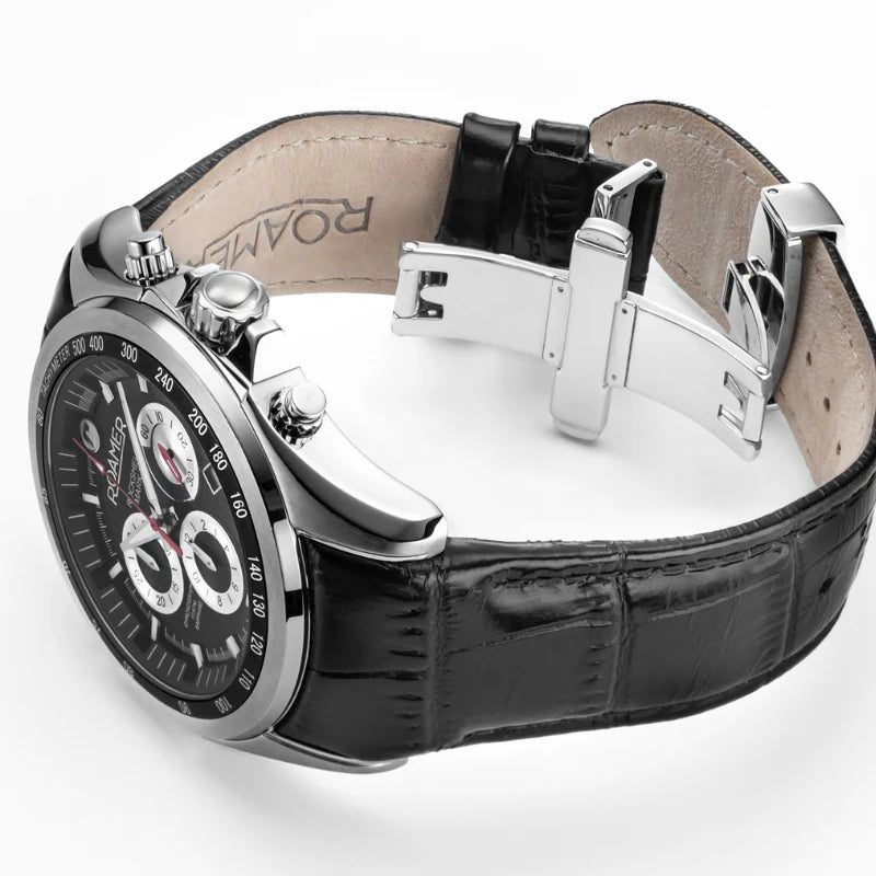 Roamer 220837 42 55 02 Rockshell Mark III Chrono Black Dial Black Leather Strap Men's Watch