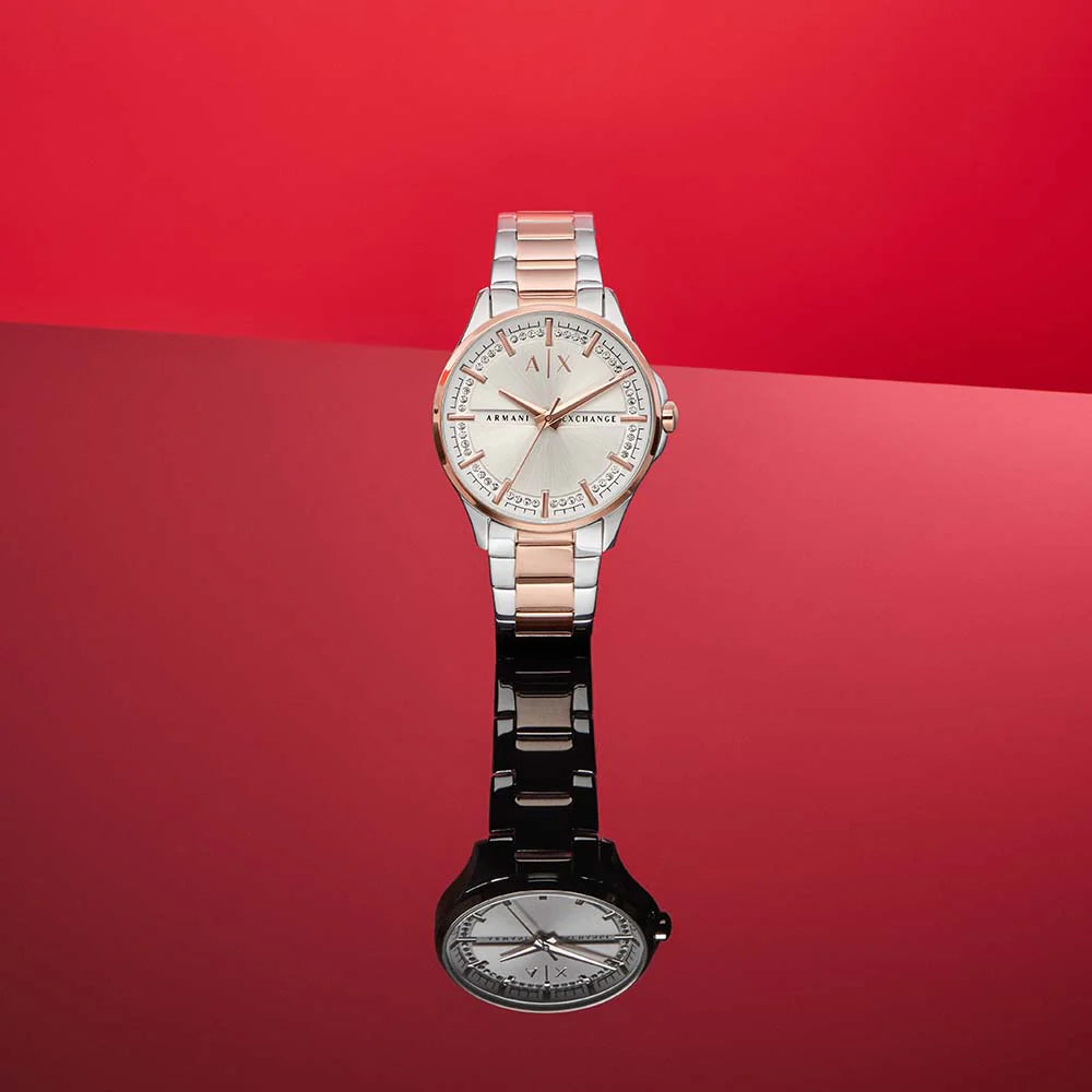 Armani Exchange AX5258 White Crystal Set Dial Two Tone Stainless Steel Bracelet Women's Watch