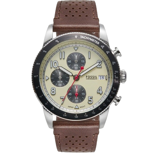 Fossil FS6042 Sport Tourer 42mm Cream Chronograph Dial Brown Leather Strap Men's Watch