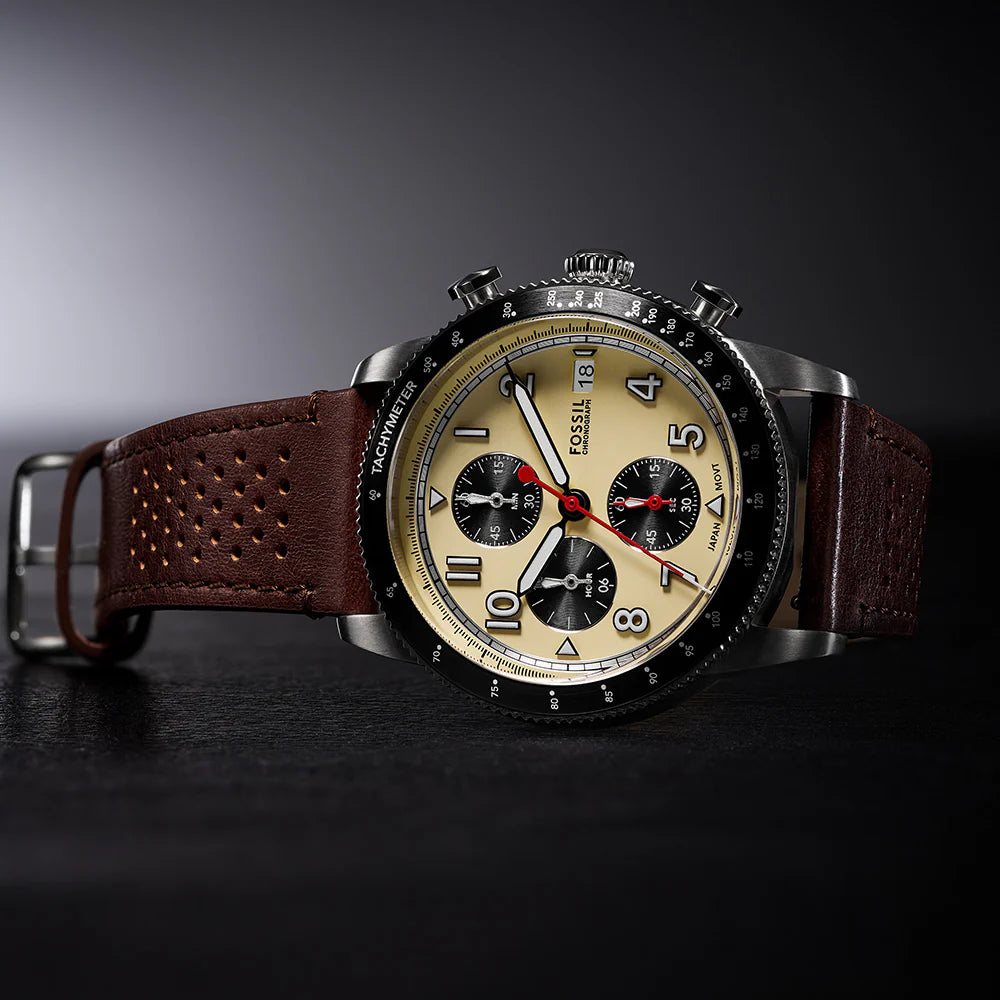 Fossil FS6042 Sport Tourer 42mm Cream Chronograph Dial Brown Leather Strap Men's Watch