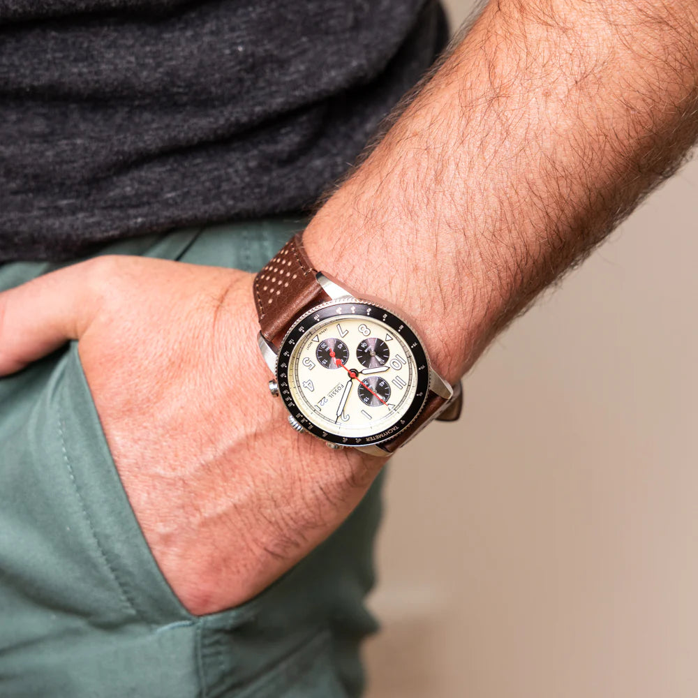 Fossil FS6042 Sport Tourer 42mm Cream Chronograph Dial Brown Leather Strap Men's Watch