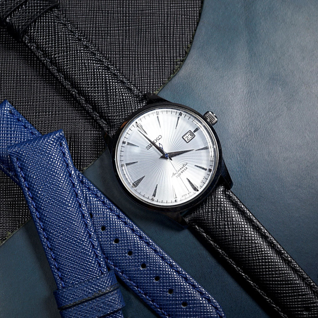 22mm Black Genuine Leather Checkered Cross Pattern Replacement Watch Strap for Fossil, Seiko, Citizen, Casio, etc