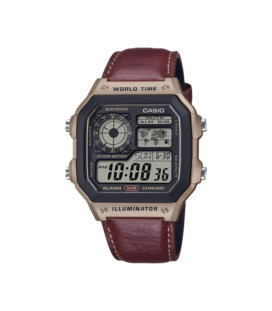 Casio ‘Royale’ AE-1200WHL-5AV Digital Multifunction World Timer Quartz Brown Leather Strap Men’s Watch