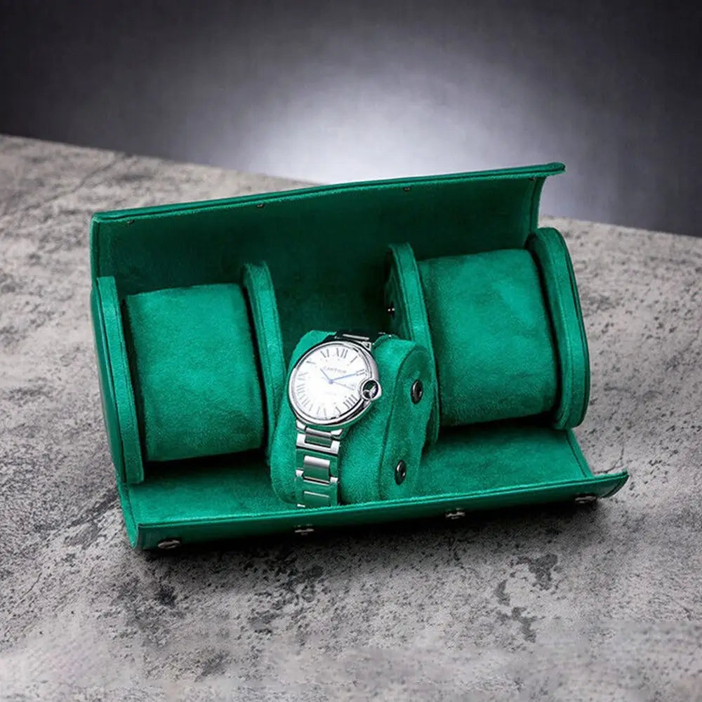 3 Slots Luxury Green Watch Storage Box/ Roll Travel Case Chic Portable Vintage Leather