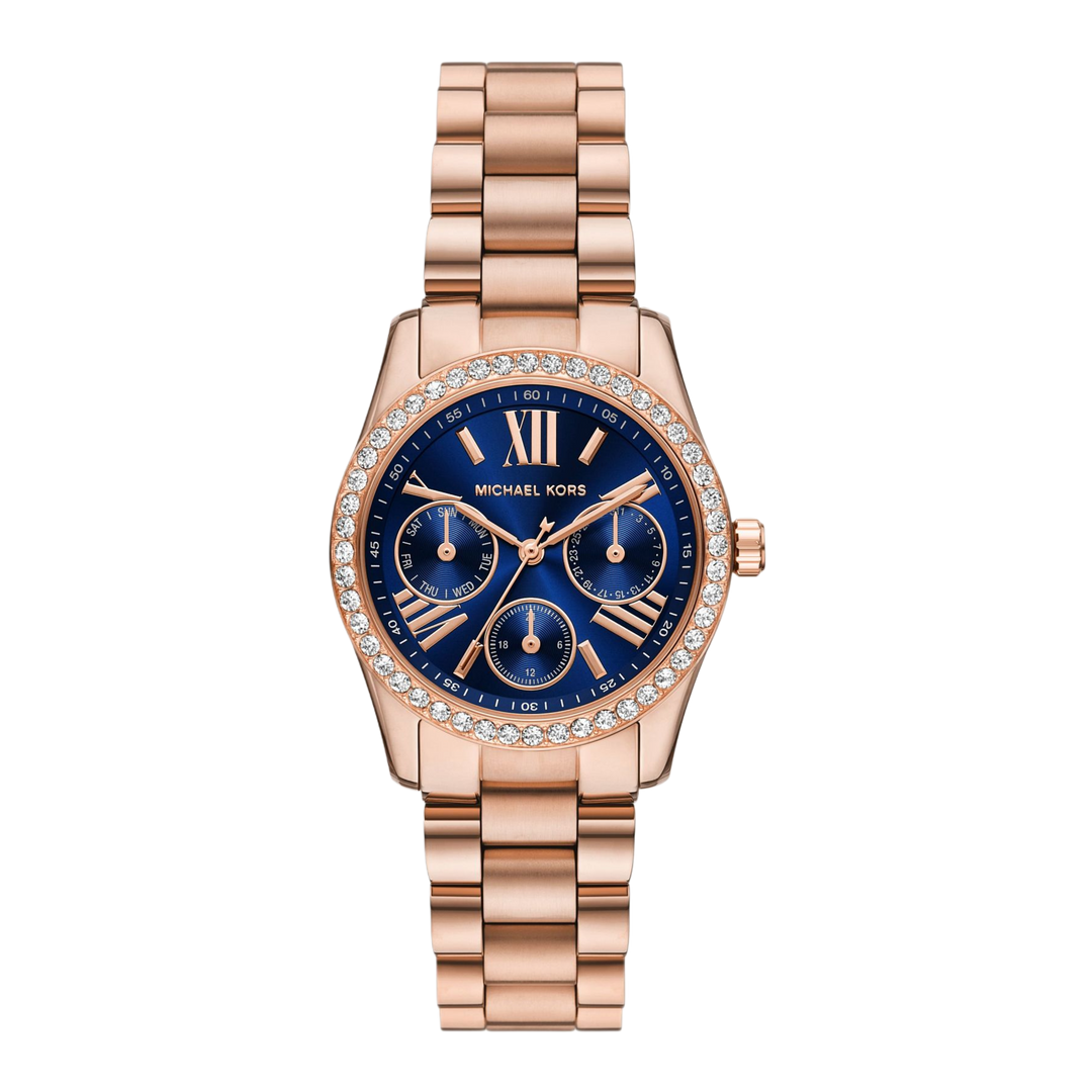 Michael Kors Lexington MK4926 Lux Multifunction (34mm) Blue Dial / Rose-Gold PVD Stainless Steel Bracelet Women's Watch
