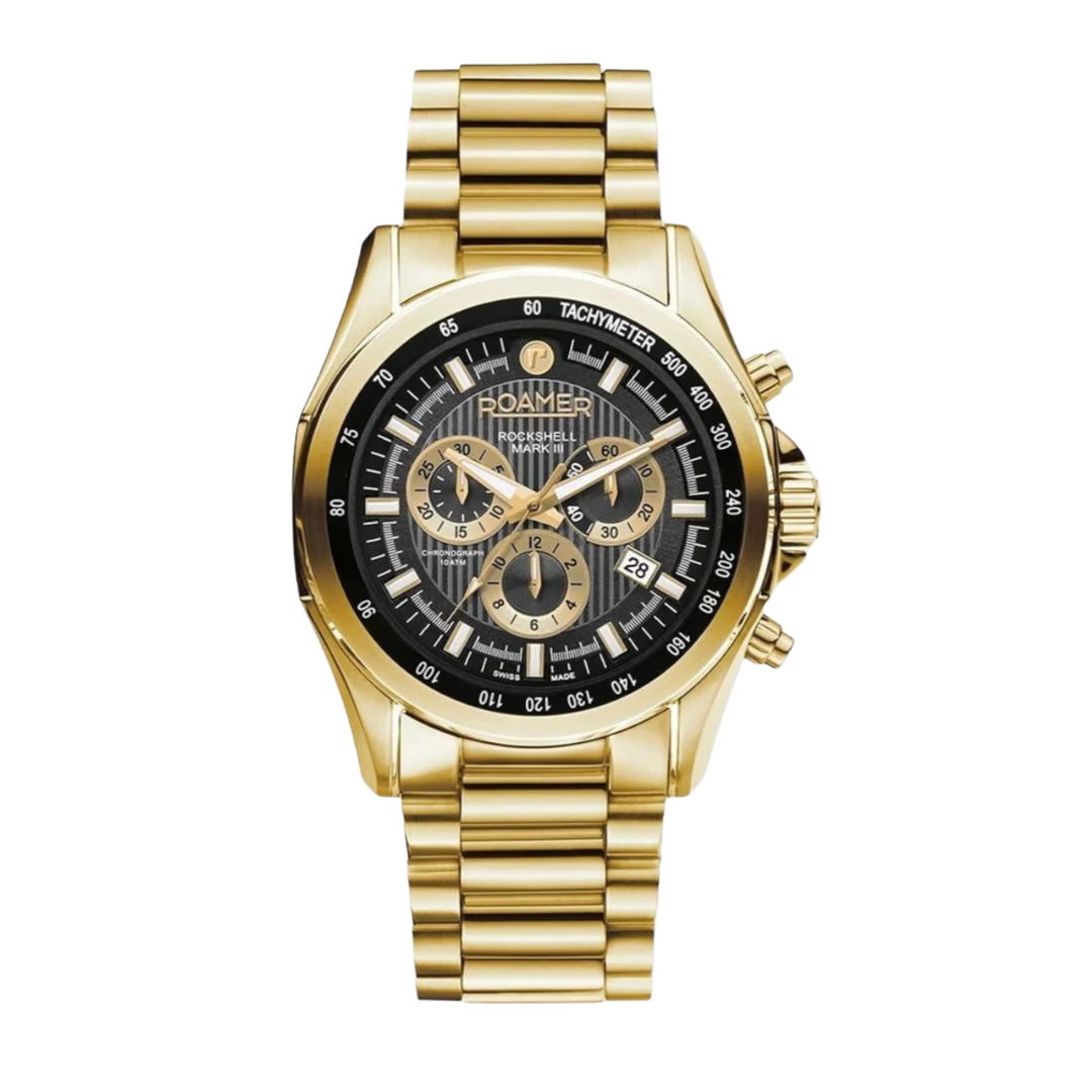 Roamer Rockshell 220837 48 55 20 Mark III Chrono Black Dial Gold IP Bracelet Men's Watch