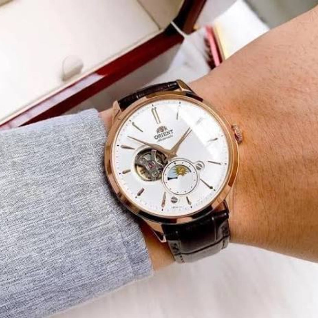 Orient Sun & Moonphase Open Heart RA-AS0102S10B Mechanical Ivory Dial / Brown Leather Men's Watch