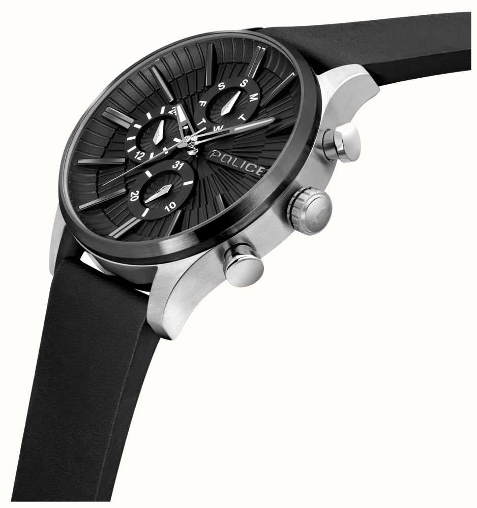 Police BARTER Quartz PEWJF2195040 Multifunction (44mm) Black Dial / Black Leather Strap Men's Watch