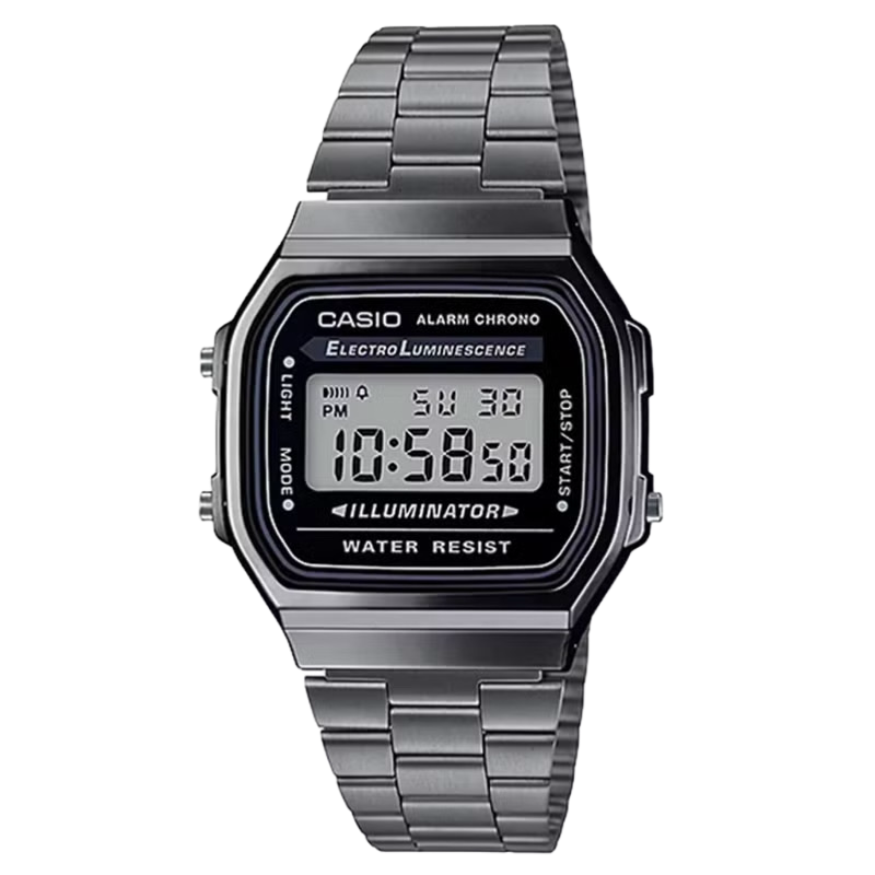 Casio A168WGG-1ADF Vintage Silver Stainless Steel Bracelet Black Dial Gun Metal Men's Watch
