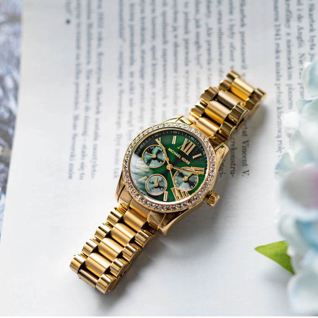 Michael Kors Lexington MK4924 Lux Multifunction (34mm) Green Dial / Gold PVD Stainless Steel Bracelet Women's Watch