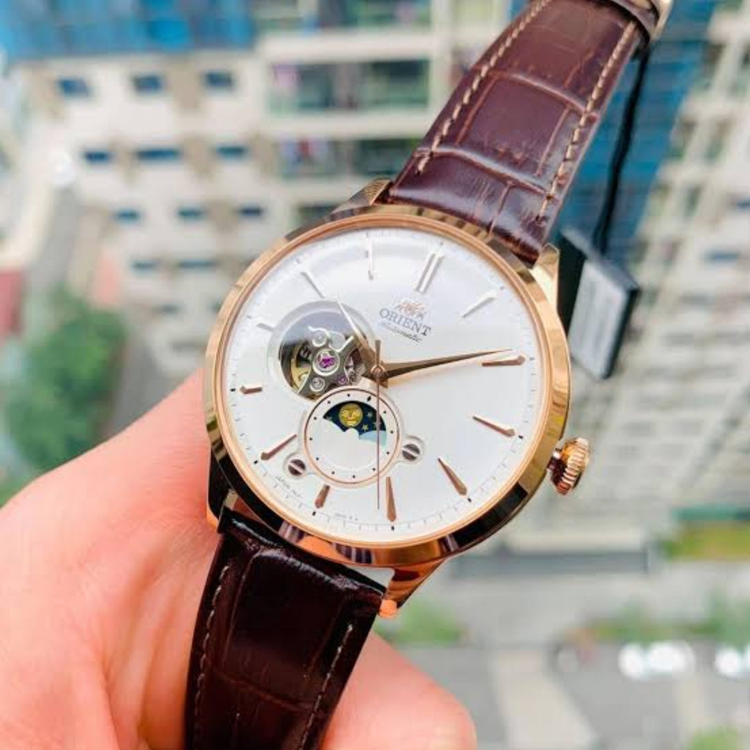 Orient Sun & Moonphase Open Heart RA-AS0102S10B Mechanical Ivory Dial / Brown Leather Men's Watch