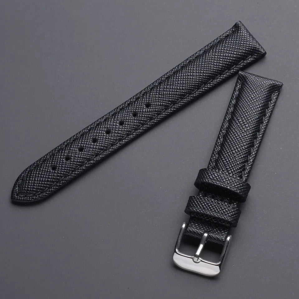 22mm Black Genuine Leather Checkered Cross Pattern Replacement Watch Strap for Fossil, Seiko, Citizen, Casio, etc