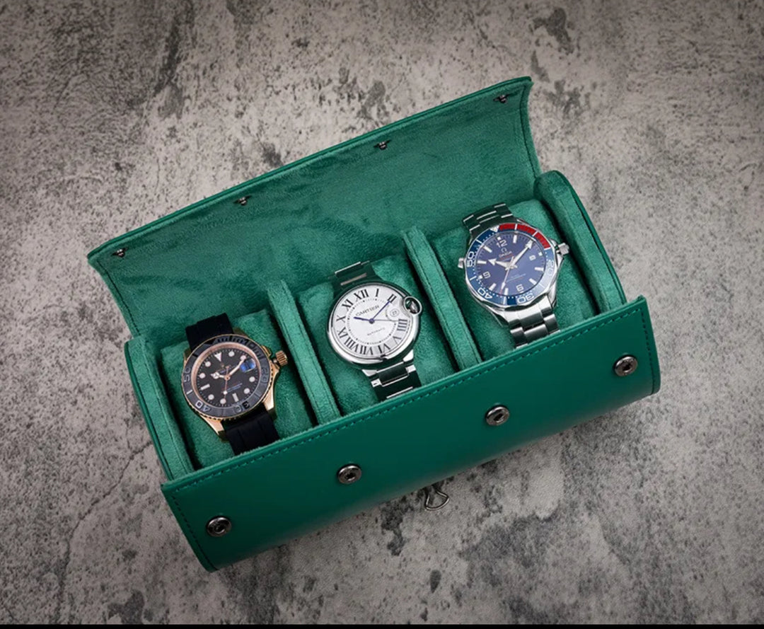3 Slots Luxury Green Watch Storage Box/ Roll Travel Case Chic Portable Vintage Leather
