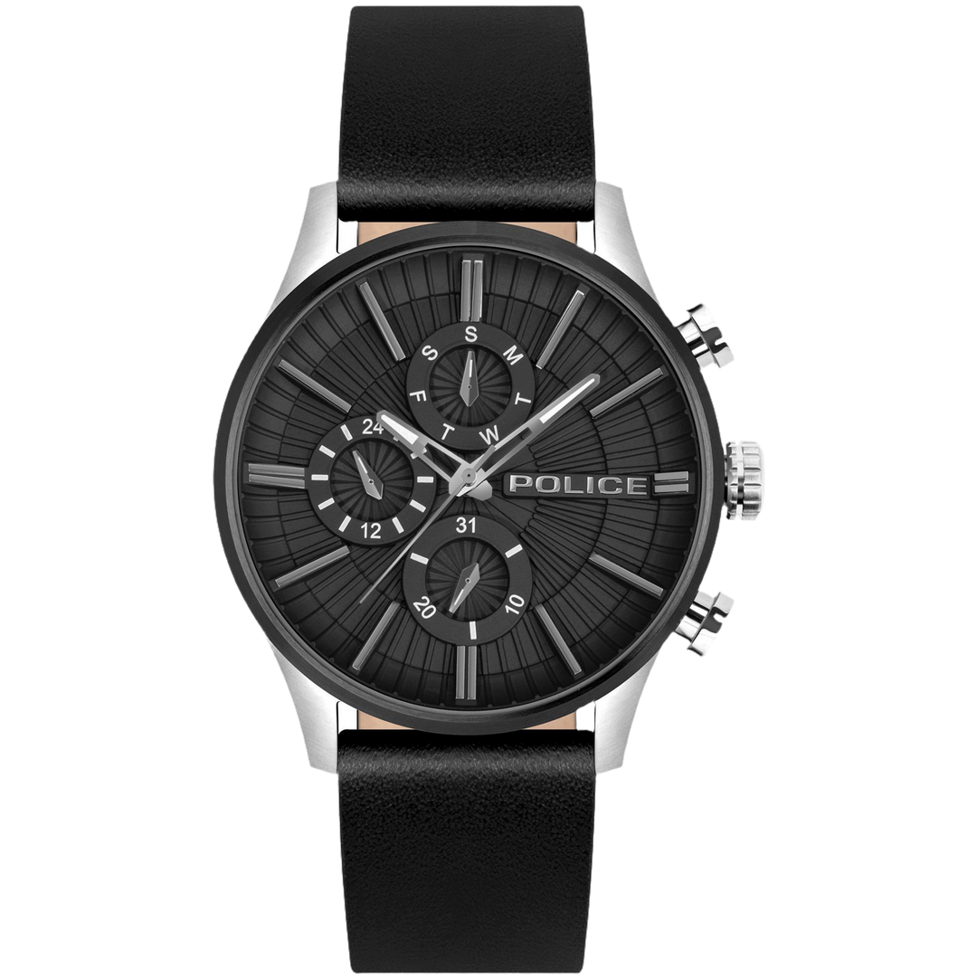 Police BARTER Quartz PEWJF2195040 Multifunction (44mm) Black Dial / Black Leather Strap Men's Watch