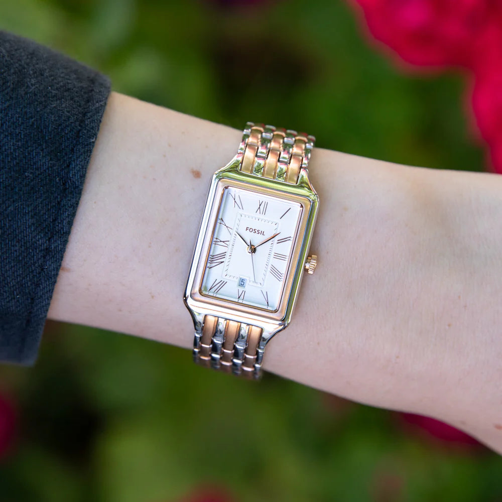 Fossil Raquel White Rectangular Dial Two Tone Bracelet ES5222