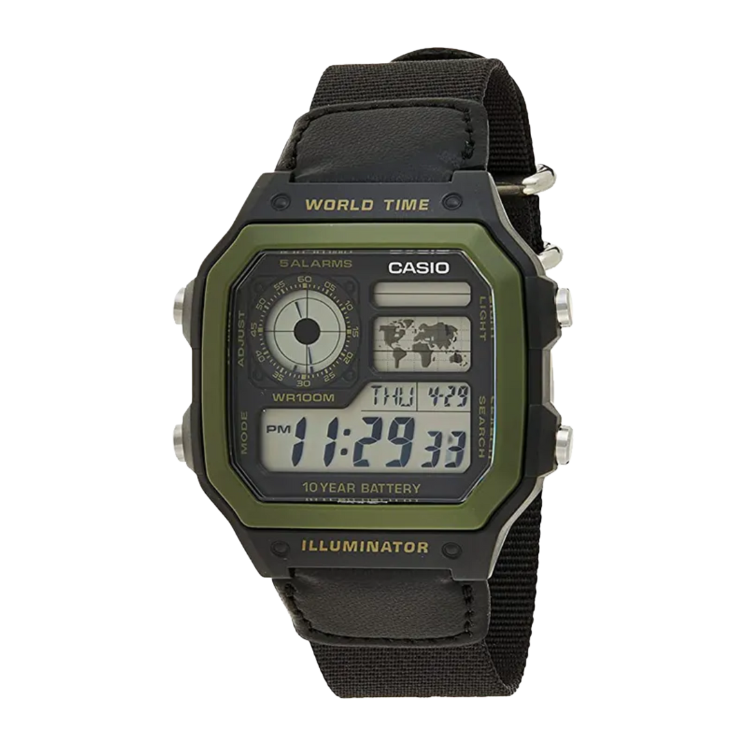 Casio Royale AE-1200WHB-1BVDF World Time Alarm Digital Black Canvas Strap Mens Watch