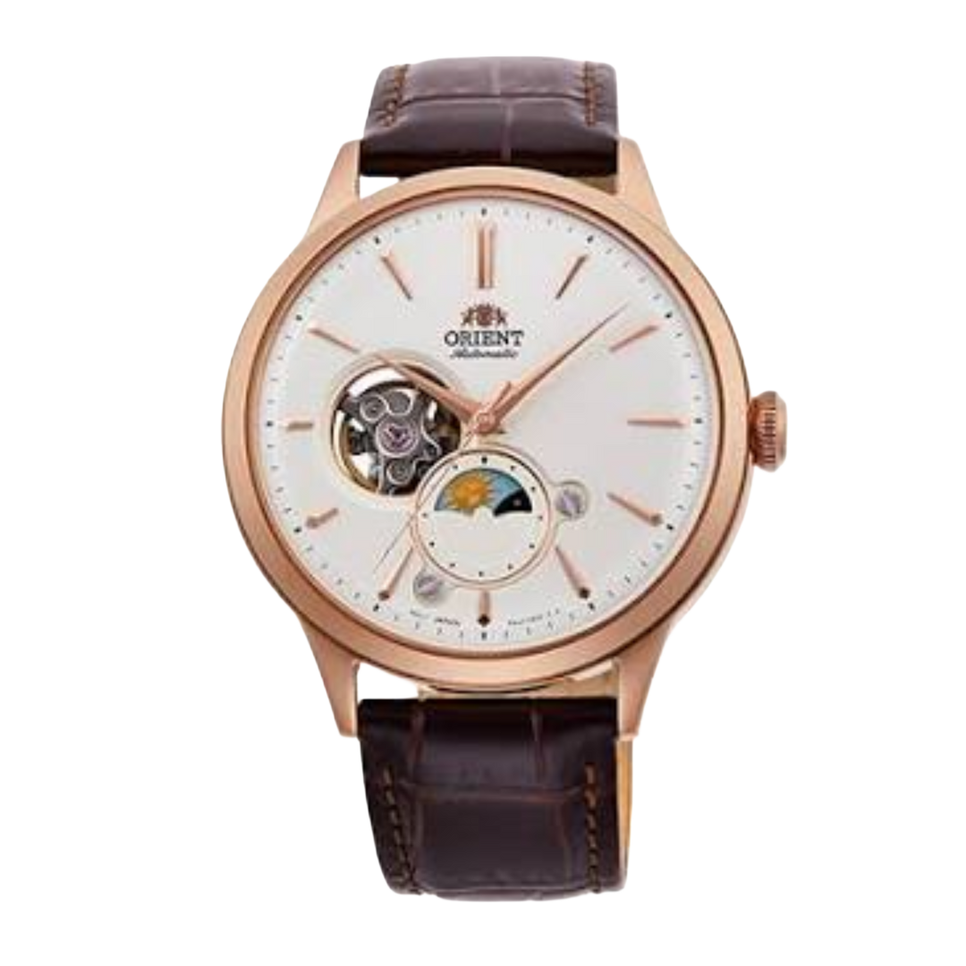 Orient Sun & Moonphase Open Heart RA-AS0102S10B Mechanical Ivory Dial / Brown Leather Men's Watch