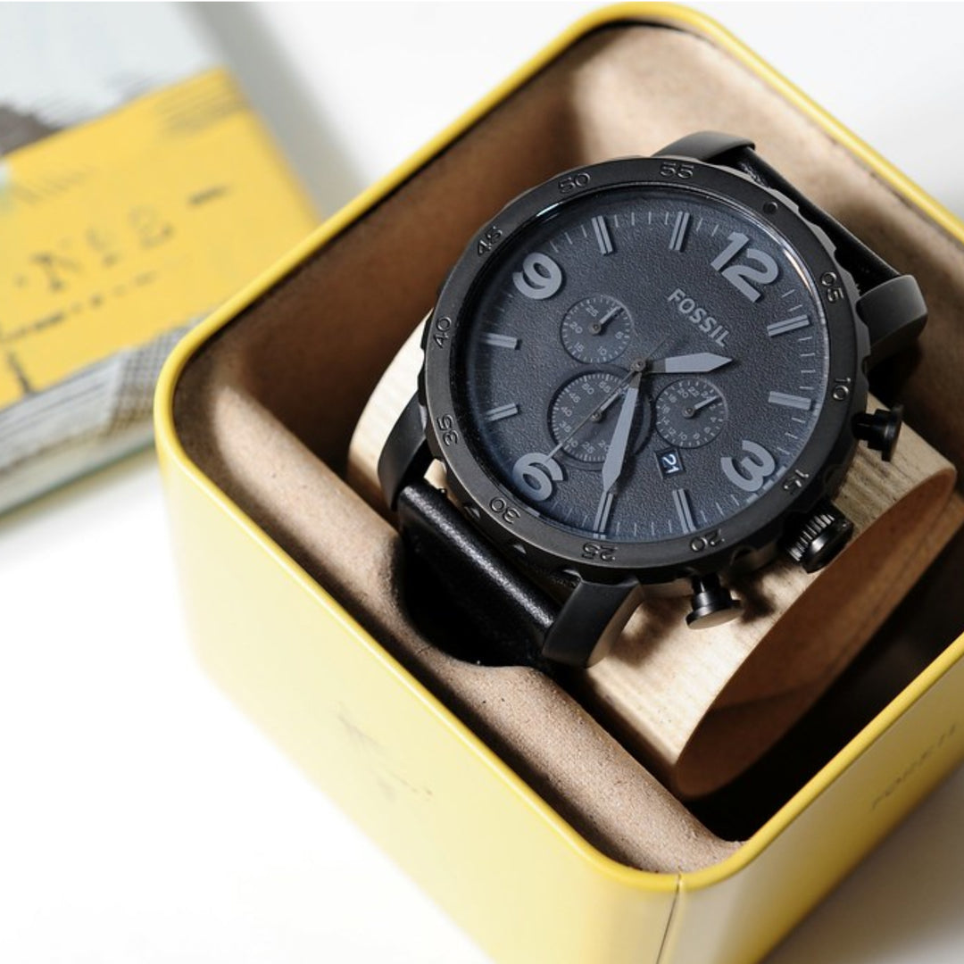 Fossil JR1354 Full Black Nate Chronograph Leather Strap Men's Watch