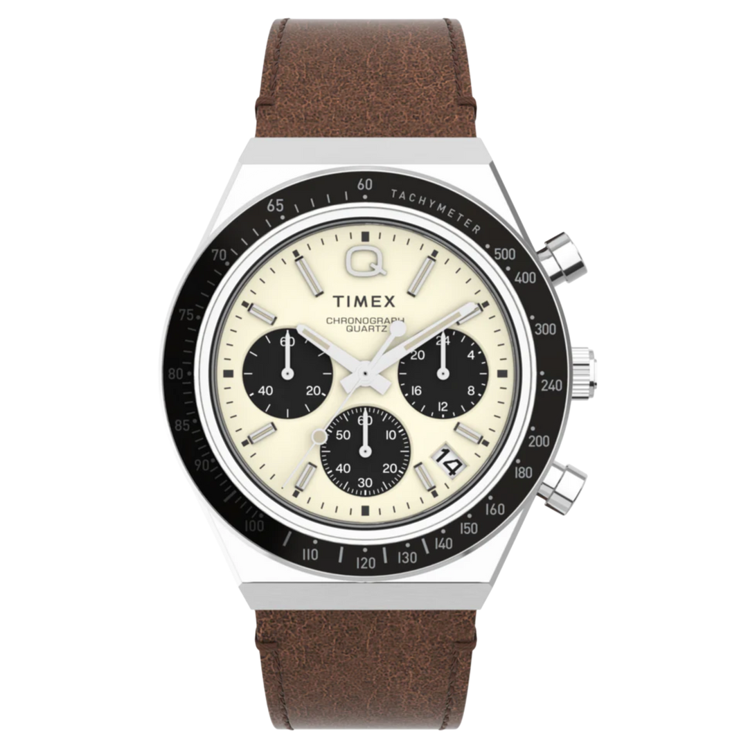 Timex Q Timex TW2V42800 Chronograph (40mm) ‘Panda’ Cream Dial / Brown Leather Strap Men's Watch