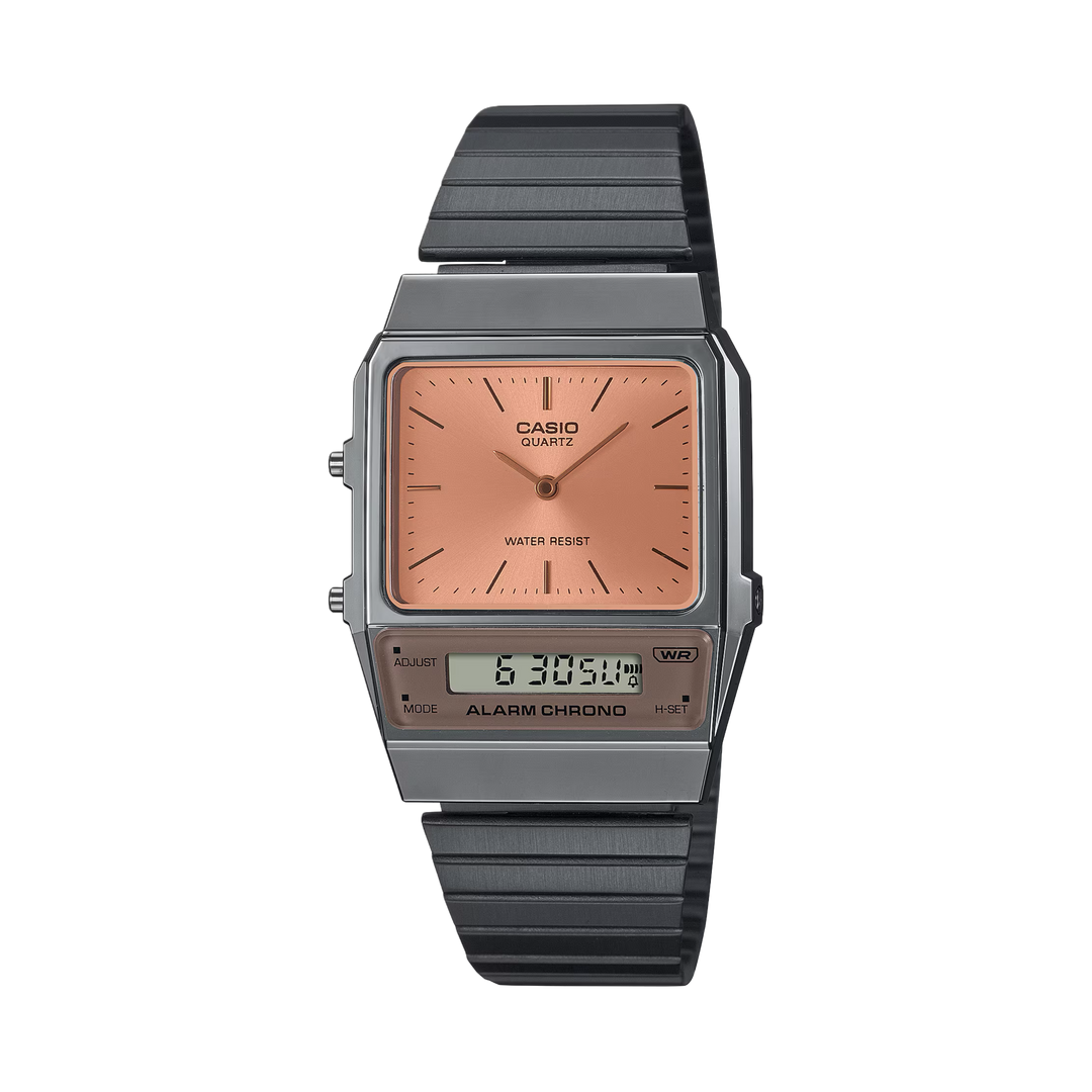 Casio AQ-800ECGG-4AEF Dual Time Display Vintage Orange Dial Black IP Stainless Steel Bracelet Men’s & Women’s Watch
