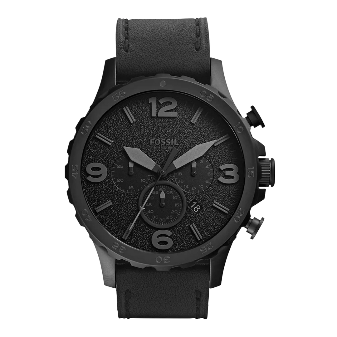 Fossil JR1354 Full Black Nate Chronograph Leather Strap Men's Watch